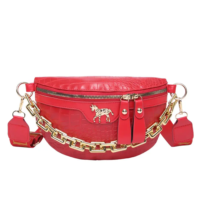 Women's Crocodile Pattern Chest Bag with Gold Chain