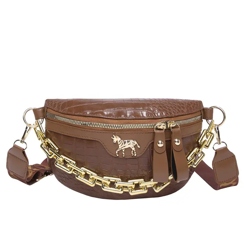 Women's Crocodile Pattern Chest Bag with Gold Chain