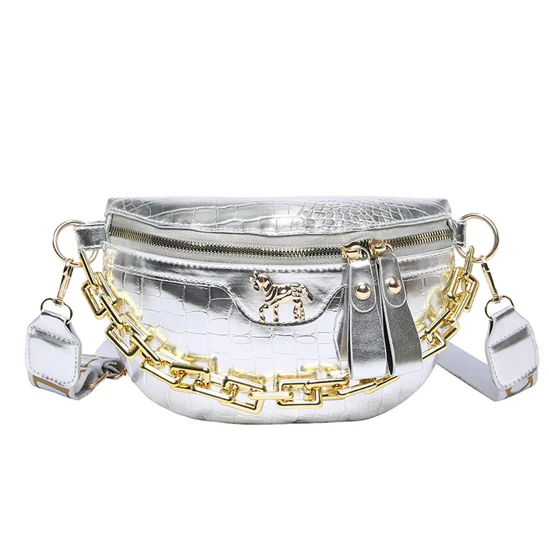 Women's Crocodile Pattern Chest Bag with Gold Chain