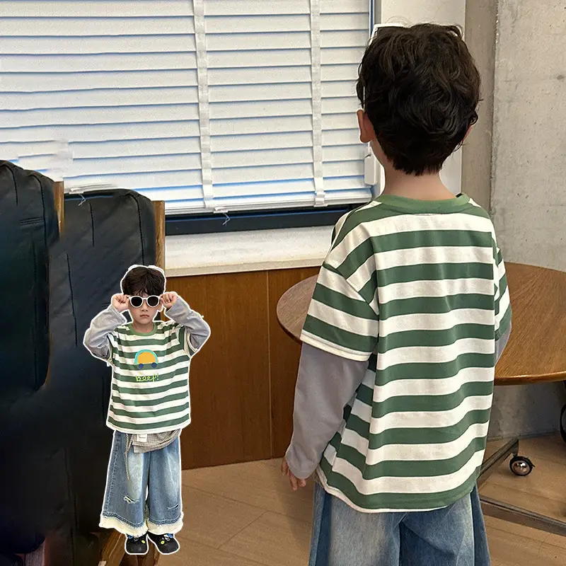 Boys Long Sleeve Striped T-Shirt Green White Spring Fall 2025 - Image 3