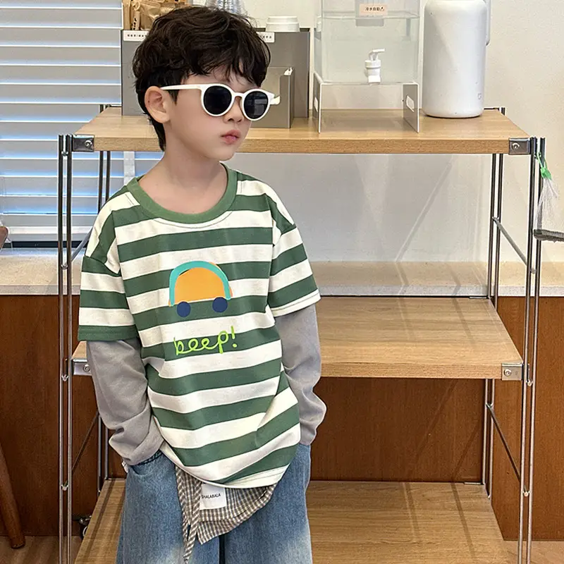 Boys Long Sleeve Striped T-Shirt Green White Spring Fall 2025 - Image 4