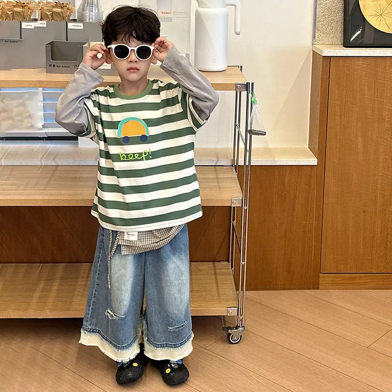 Boys Long Sleeve Striped T-Shirt Green White Spring Fall 2025 - Image 5