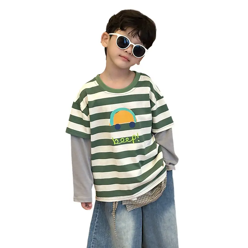 Boys Long Sleeve Striped T-Shirt Green White Spring Fall 2025 - Image 6