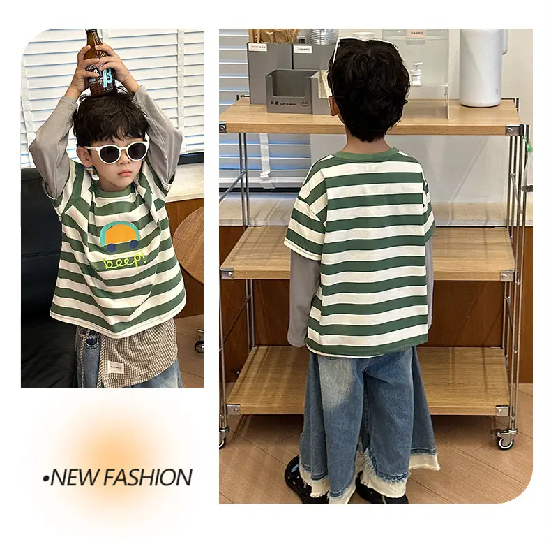 Boys Long Sleeve Striped T-Shirt Green White Spring Fall 2025 — feature 10
