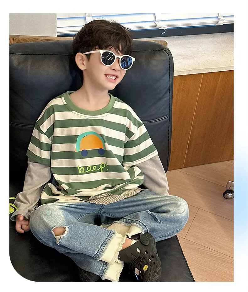 Boys Long Sleeve Striped T-Shirt Green White Spring Fall 2025 — feature 11