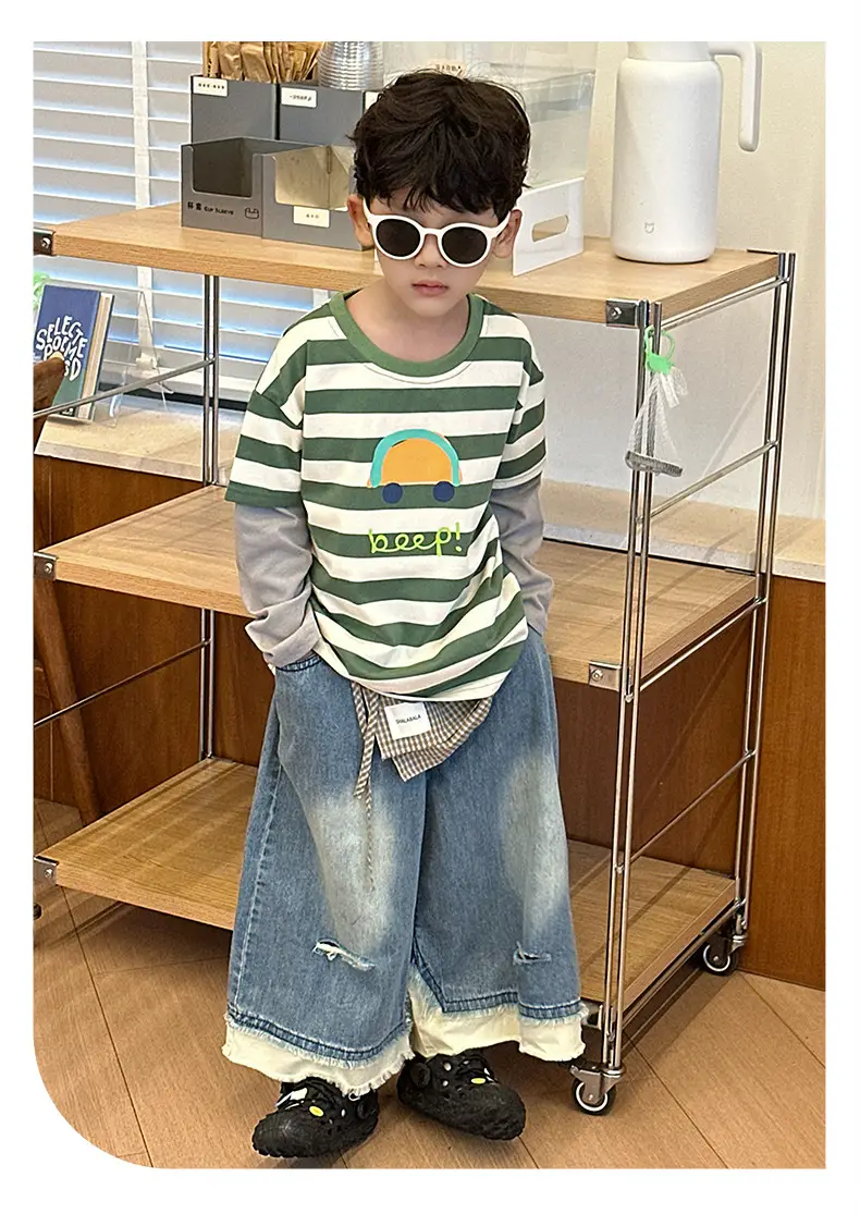 Boys Long Sleeve Striped T-Shirt Green White Spring Fall 2025 — feature 12