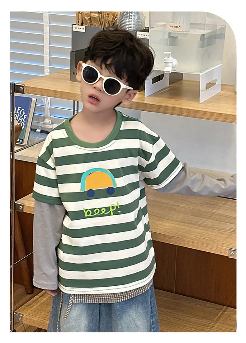 Boys Long Sleeve Striped T-Shirt Green White Spring Fall 2025 — feature 13