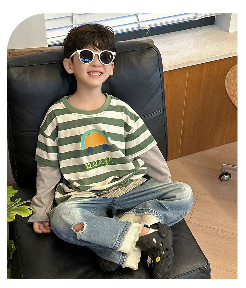 Boys Long Sleeve Striped T-Shirt Green White Spring Fall 2025 — feature 14