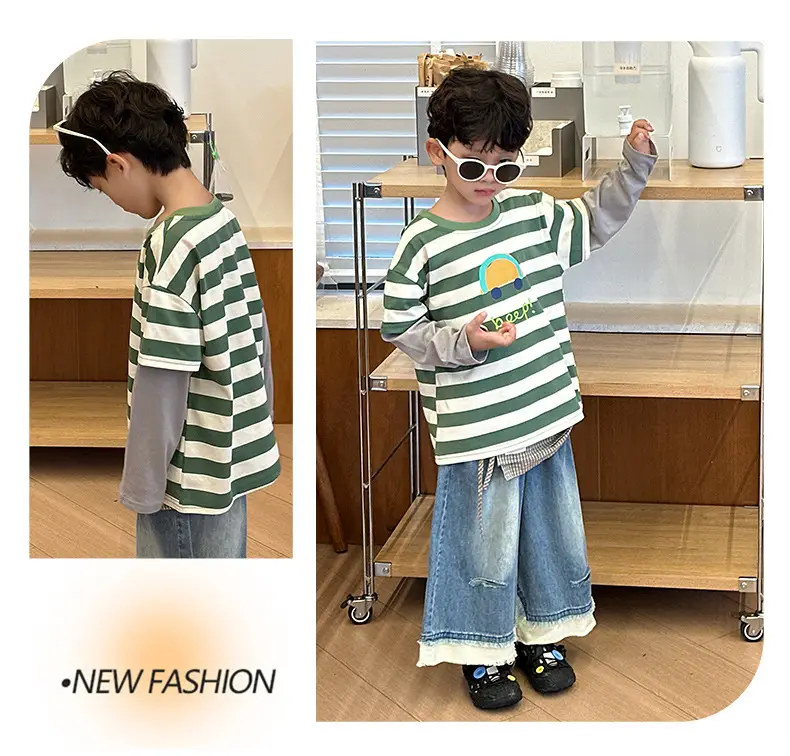 Boys Long Sleeve Striped T-Shirt Green White Spring Fall 2025 — feature 15