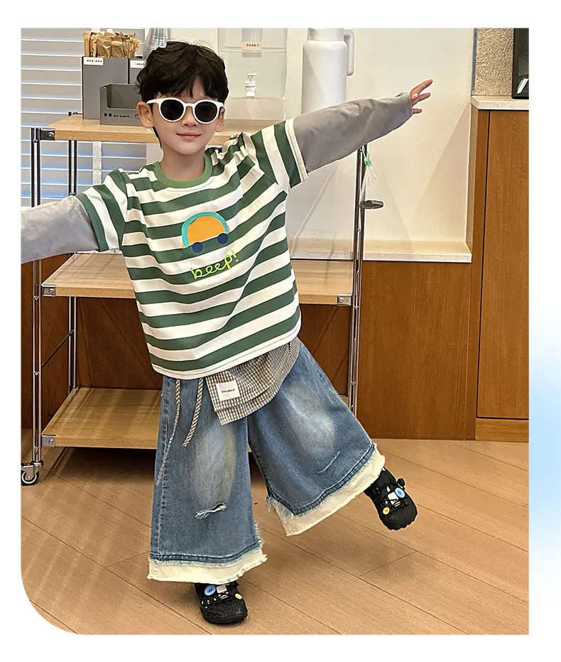 Boys Long Sleeve Striped T-Shirt Green White Spring Fall 2025 — feature 16
