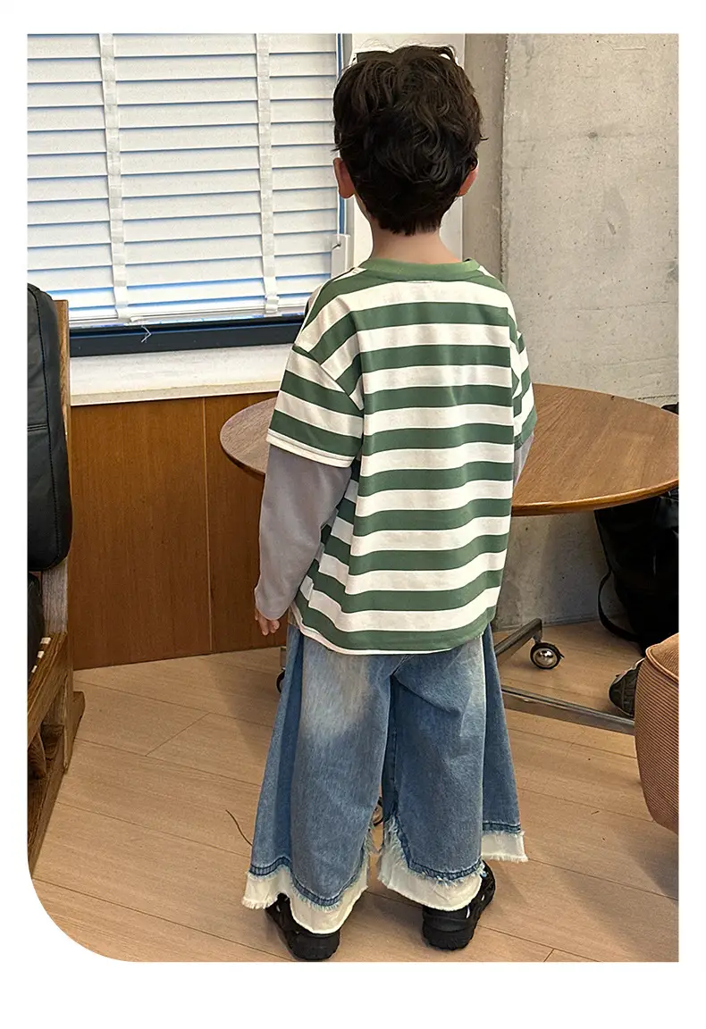Boys Long Sleeve Striped T-Shirt Green White Spring Fall 2025 — feature 17