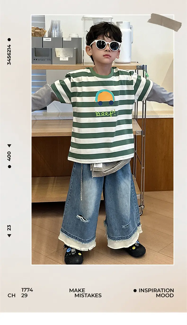 Boys Long Sleeve Striped T-Shirt Green White Spring Fall 2025 — feature 4