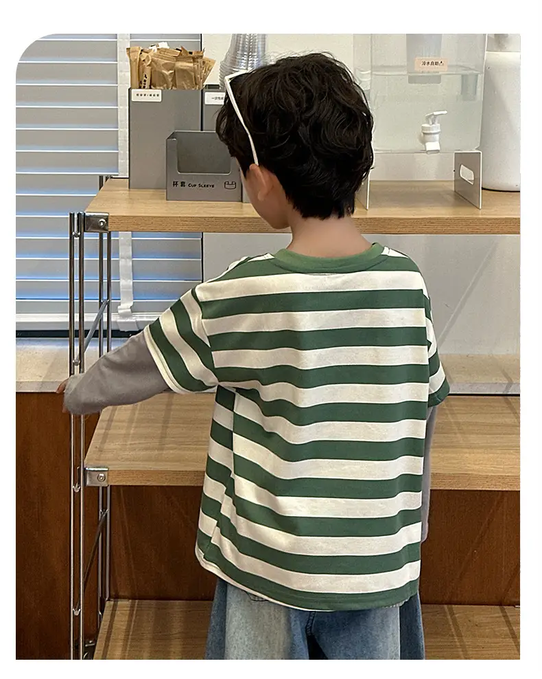 Boys Long Sleeve Striped T-Shirt Green White Spring Fall 2025 — feature 9