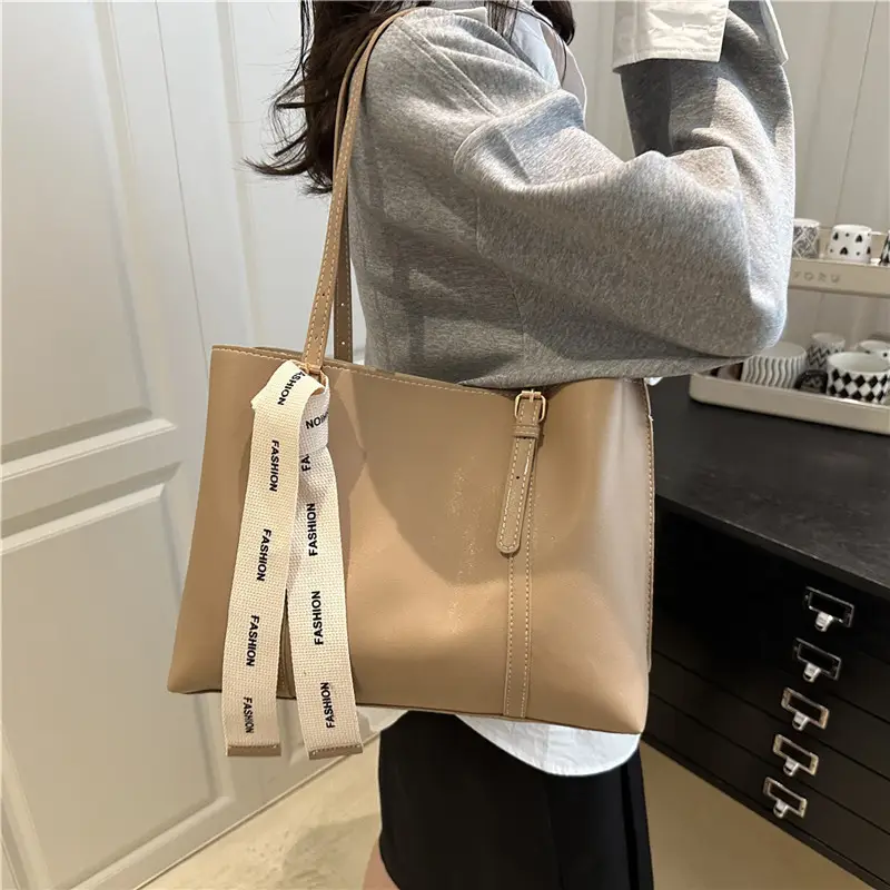 Women Retro Brown Tote Bag with Ribbon Commuter Shoulder - Image 6