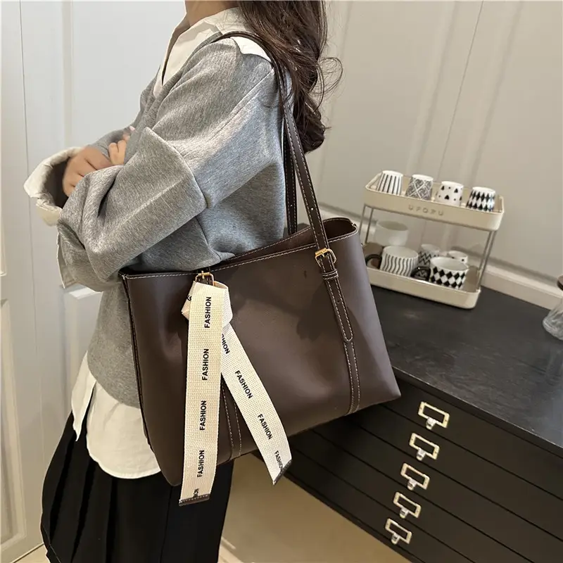 Women Retro Brown Tote Bag with Ribbon Commuter Shoulder - Image 7