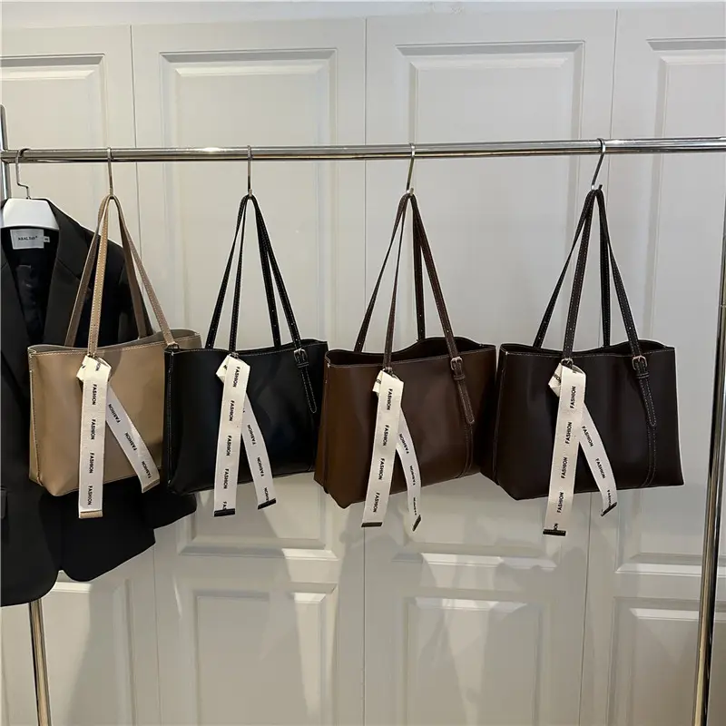 Women Retro Brown Tote Bag with Ribbon Commuter Shoulder - Image 8