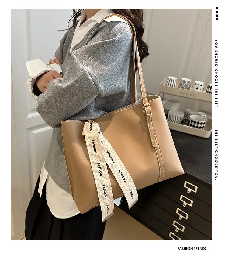 Women Retro Brown Tote Bag with Ribbon Commuter Shoulder — feature 1