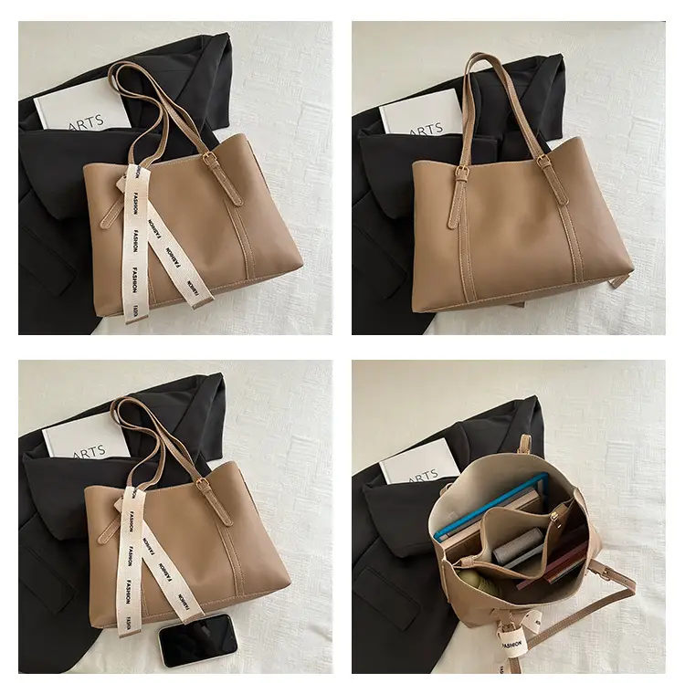 Women Retro Brown Tote Bag with Ribbon Commuter Shoulder — feature 11