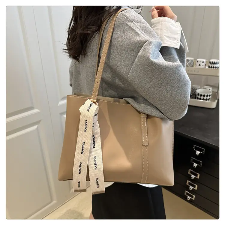 Women Retro Brown Tote Bag with Ribbon Commuter Shoulder — feature 12