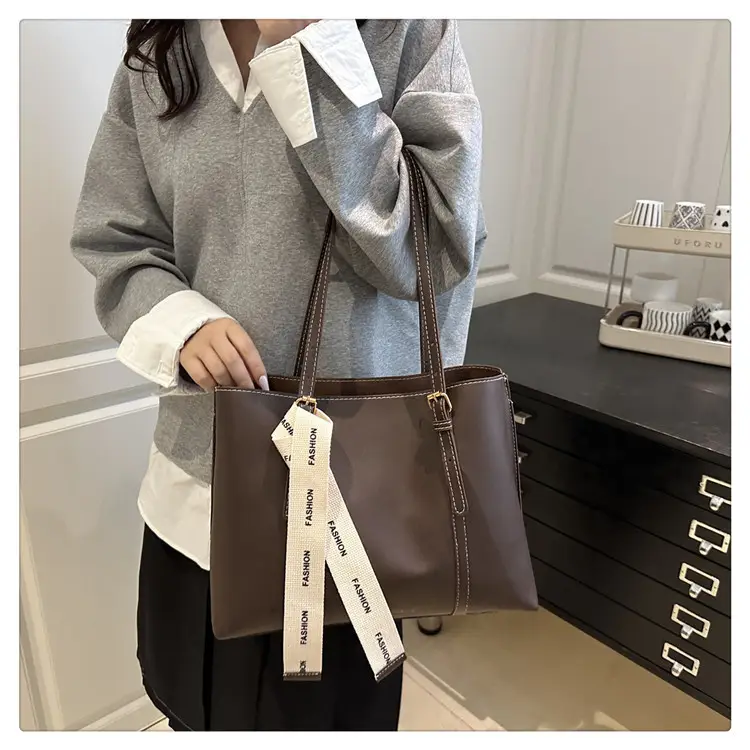 Women Retro Brown Tote Bag with Ribbon Commuter Shoulder — feature 14