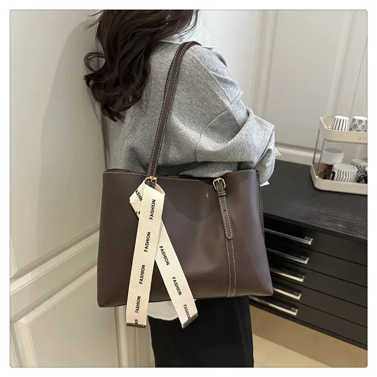 Women Retro Brown Tote Bag with Ribbon Commuter Shoulder — feature 15