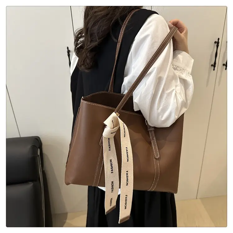 Women Retro Brown Tote Bag with Ribbon Commuter Shoulder — feature 16