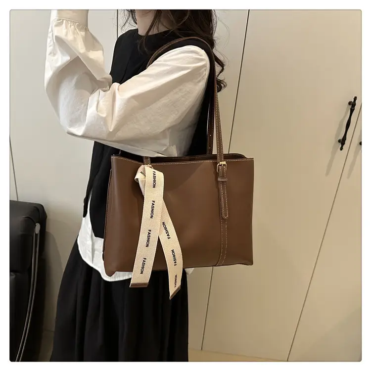 Women Retro Brown Tote Bag with Ribbon Commuter Shoulder — feature 17