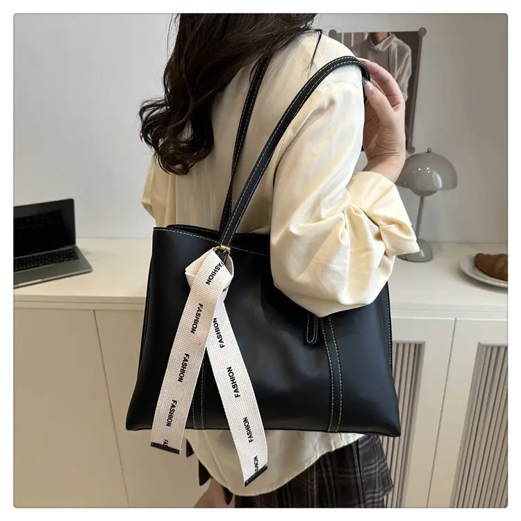 Women Retro Brown Tote Bag with Ribbon Commuter Shoulder — feature 19