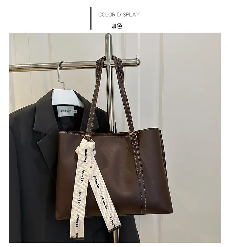 Women Retro Brown Tote Bag with Ribbon Commuter Shoulder — feature 21
