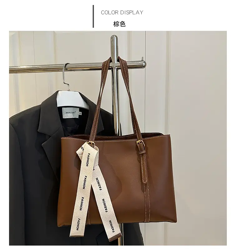 Women Retro Brown Tote Bag with Ribbon Commuter Shoulder — feature 22