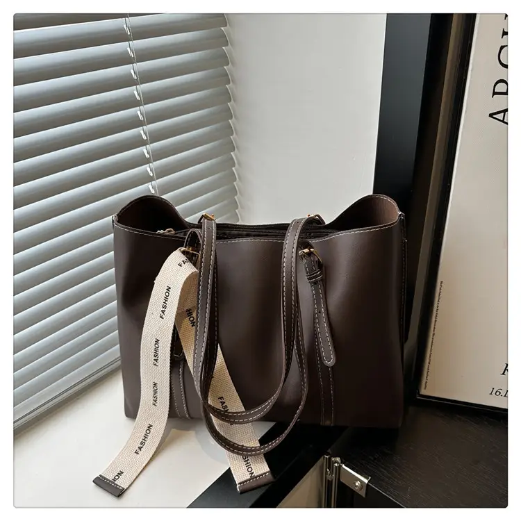 Women Retro Brown Tote Bag with Ribbon Commuter Shoulder — feature 27