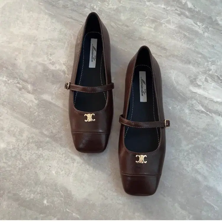French Retro Mary Jane Shoes Shallow Mouth Square Toe Shoes 2025 Autum New Soft Leather Flats Shoes for Women