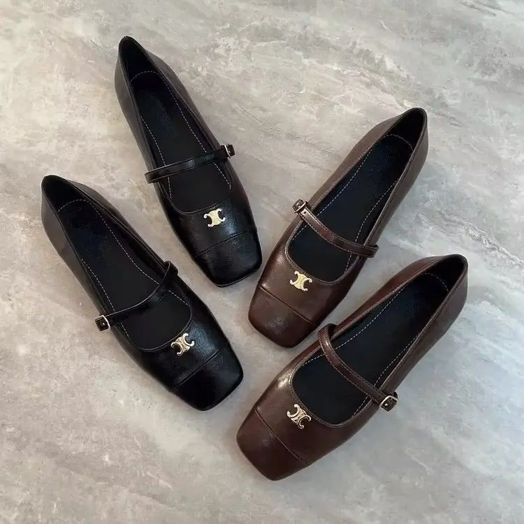 French Retro Mary Jane Shoes Shallow Mouth Square Toe Shoes 2025 Autum New Soft Leather Flats Shoes for Women