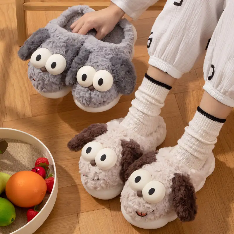 Cotton Slippers for Women, Autumn and Winter Outer Wear, Cute Puppy Indoor Home Warm Plush Toe Thick-Soled Non-Slip Slippers - Image 4