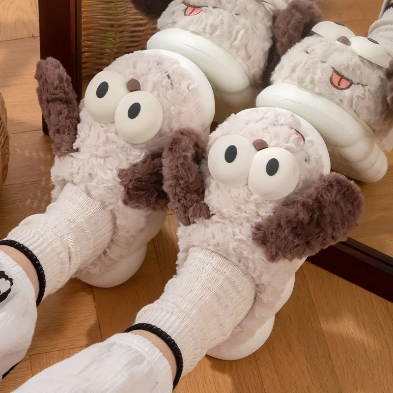 Cotton Slippers for Women, Autumn and Winter Outer Wear, Cute Puppy Indoor Home Warm Plush Toe Thick-Soled Non-Slip Slippers - Image 5