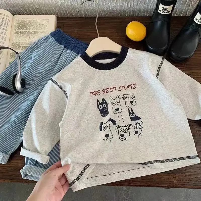 Children's Long Sleeve T-Shirt with Cartoon Print Grey Blue Striped Pants
