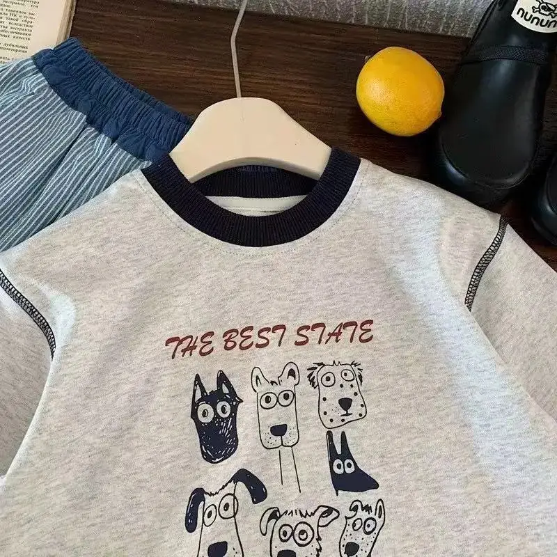 Children's Long Sleeve T-Shirt with Cartoon Print Grey Blue Striped Pants
