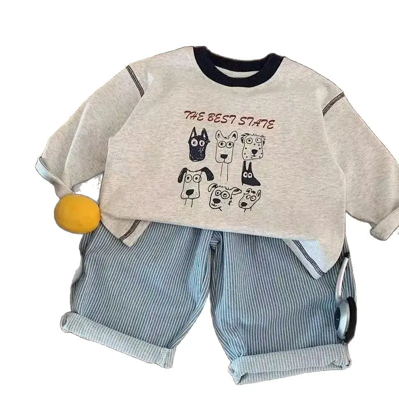 Children's Long Sleeve T-Shirt with Cartoon Print Grey Blue Striped Pants
