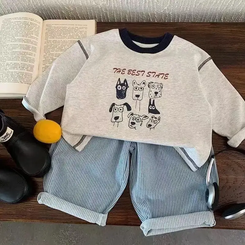 Children's Long Sleeve T-Shirt with Cartoon Print Grey Blue Striped Pants — feature 2