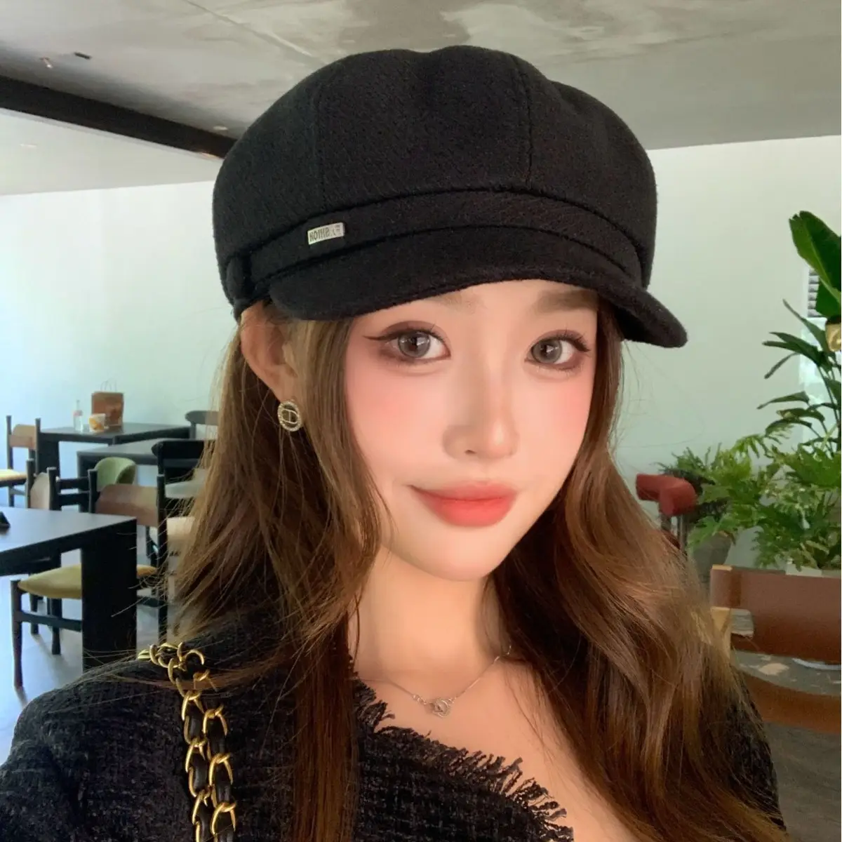 Women Duckbill Beret Chanel Style Woolen Black - Image 6