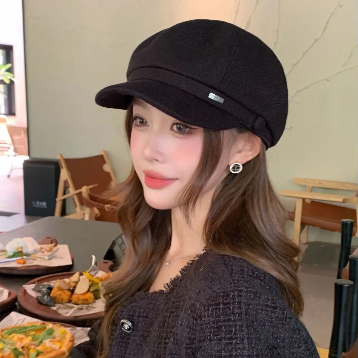 Women Duckbill Beret Chanel Style Woolen Black - Image 7