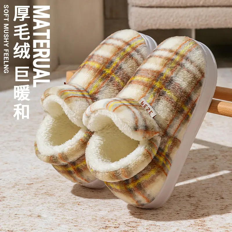 Plaid Fluffy Slippers for Men Women Winter Warm - Image 12