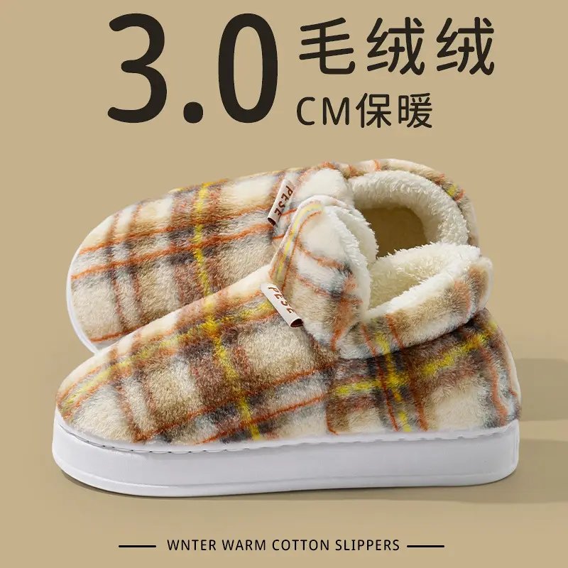 Plaid Fluffy Slippers for Men Women Winter Warm - Image 13