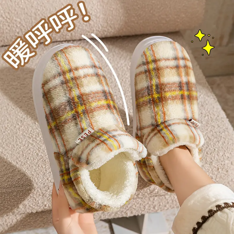 Plaid Fluffy Slippers for Men Women Winter Warm - Image 14
