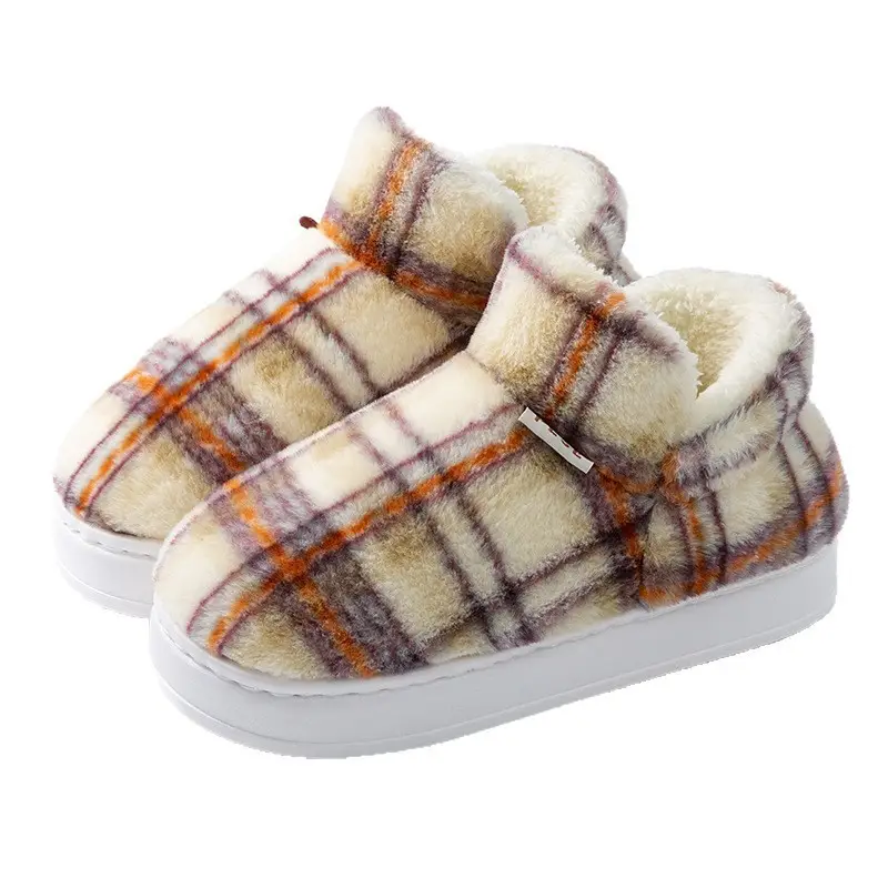 Plaid Fluffy Slippers for Men Women Winter Warm - Image 15