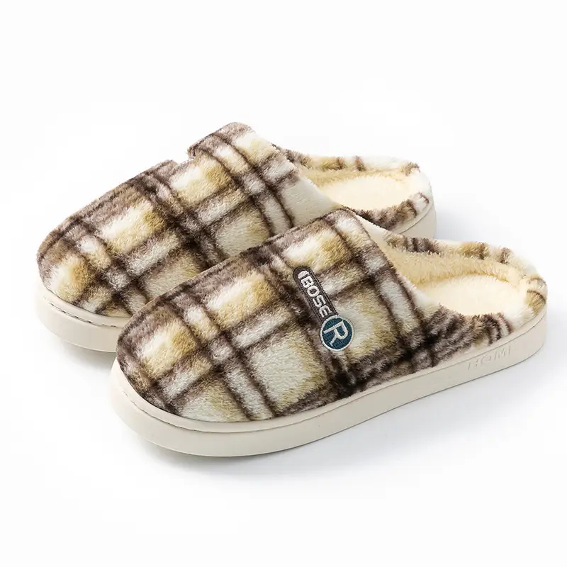 Plaid Fluffy Slippers for Men Women Winter Warm - Image 10
