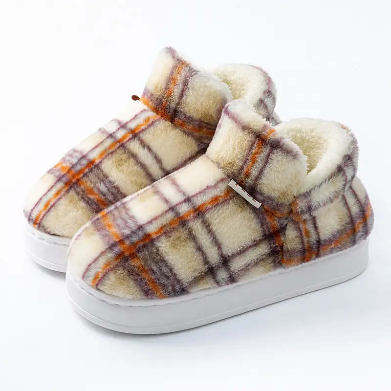 Plaid Fluffy Slippers for Men Women Winter Warm - Image 3