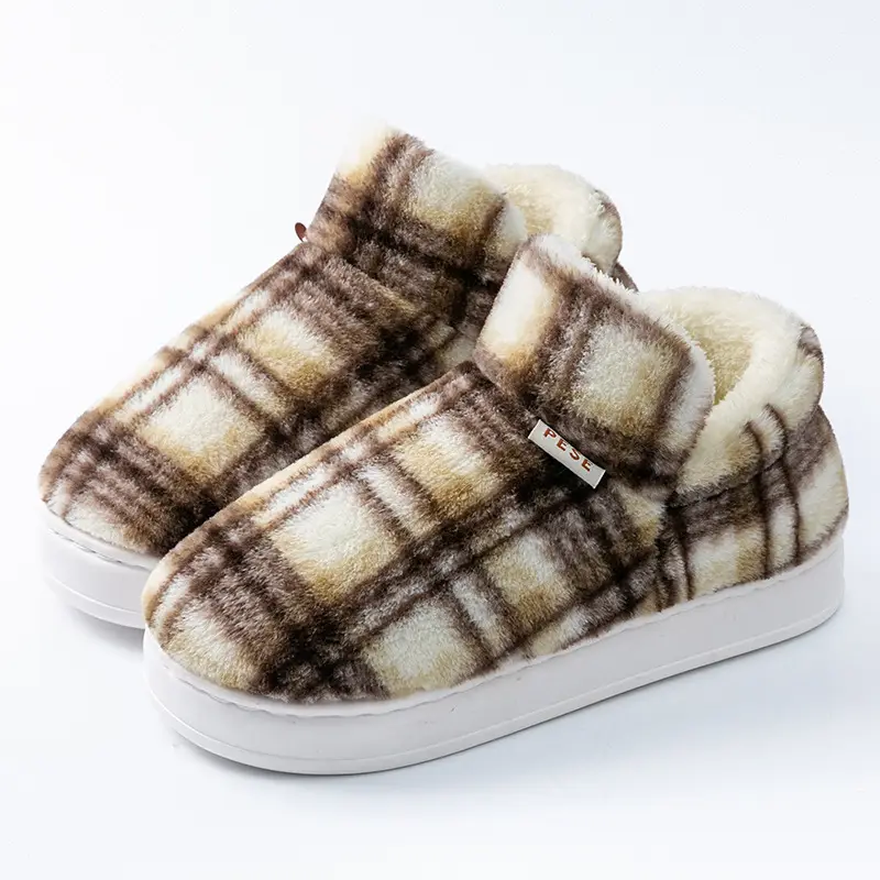 Plaid Fluffy Slippers for Men Women Winter Warm - Image 5