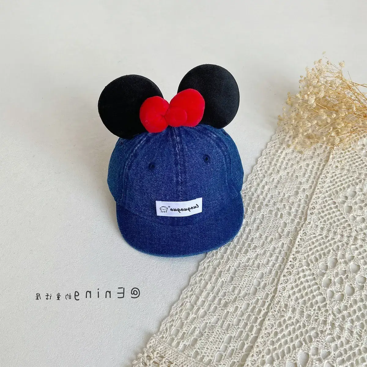 Girls Minnie Mouse Baby Cap with Red Bow - Image 2