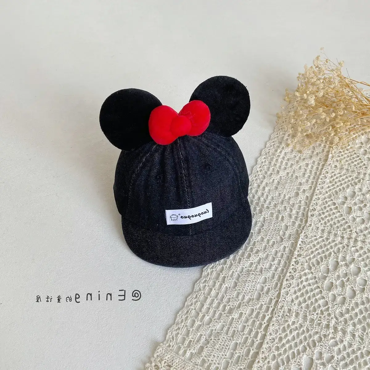 Girls Minnie Mouse Baby Cap with Red Bow - Image 3